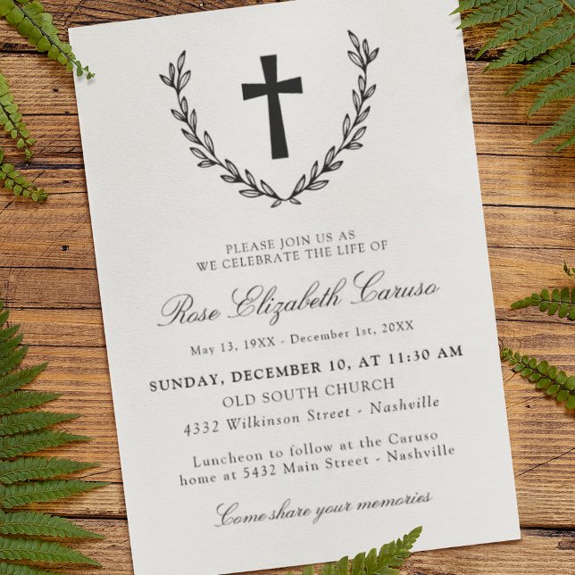 Black Laurel Wreath Cross Celebration of Life Invitation (Creator Uploaded)