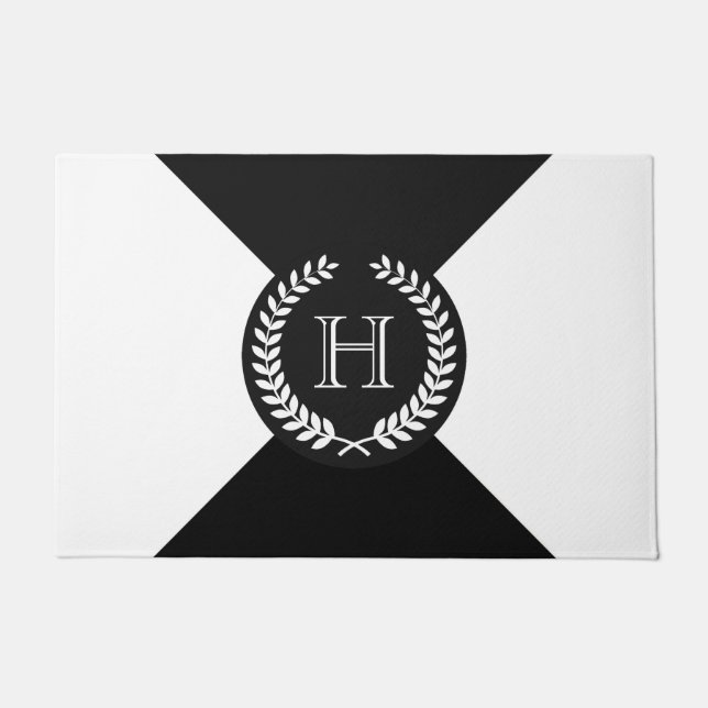 Black Laurel Wreath Monogram Doormat (Front)