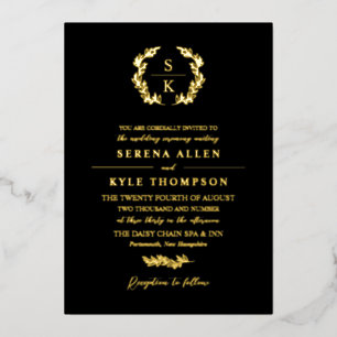 Black Laurel Wreath Monogram Typography Wedding