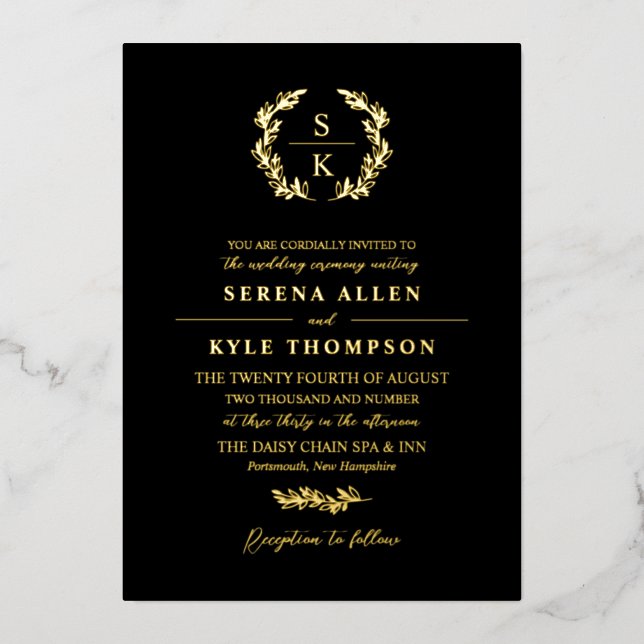 Black Laurel Wreath Monogram Typography Wedding (Front)