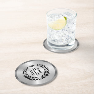 Black Laurel Wreath On Silver Custom Monogram Round Paper Coaster