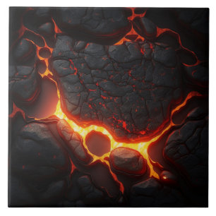 Black Lava Stone Effect with Fiery Lines Ceramic Tile