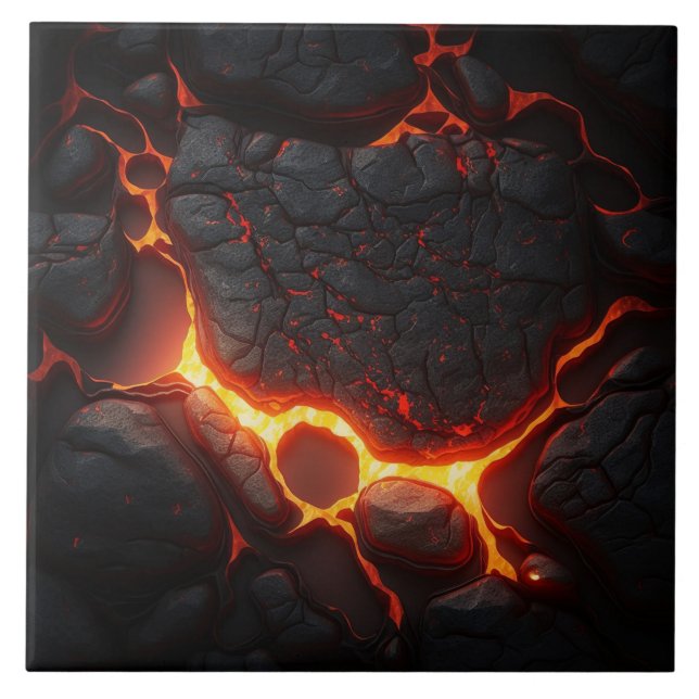 Black Lava Stone Effect with Fiery Lines Ceramic Tile (Front)
