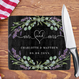 Black lavender florals greenery mr mrs heart cutting board