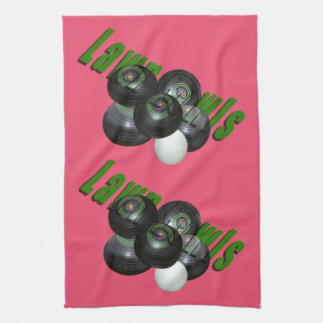 Black Lawn Bowls And Green Lawnbowls Logo, Pink Tea Towel (Vertical)
