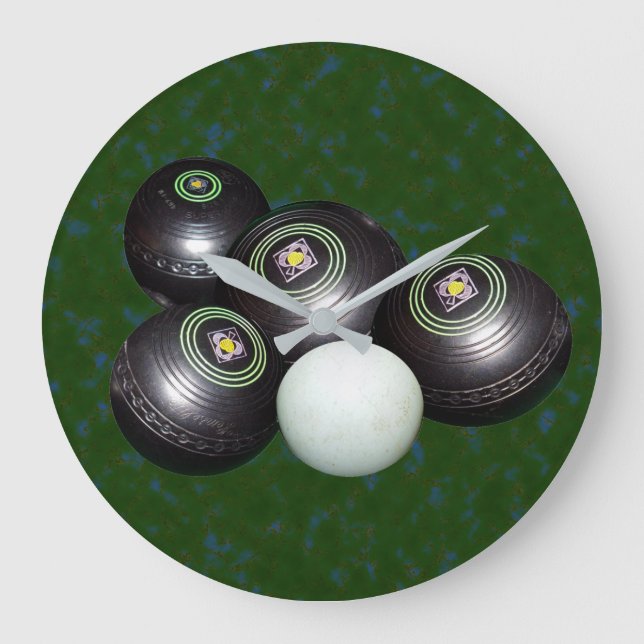 Black Lawn Bowls And Kitty On Green, Large Clock (Front)