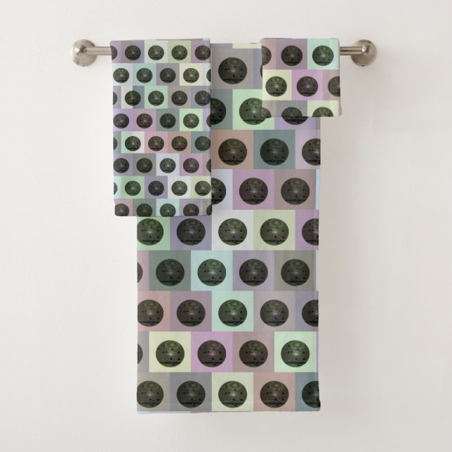 Black Lawn Bowls In Coloured Squares, Bath Towel Set (Insitu)
