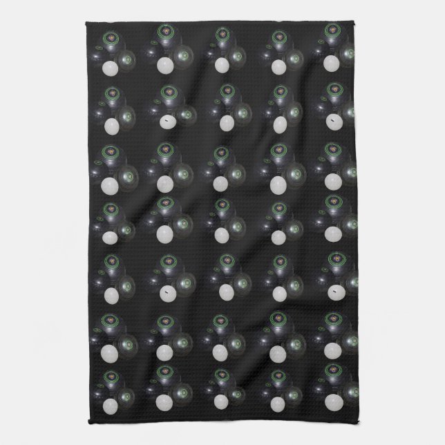 Black Lawnbowls And Kitty Pattern, Tea Towel (Vertical)
