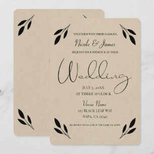 Black Leaf Botanical Rustic Modern Kraft Wedding Invitation