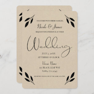 Black Leaf Botanical Rustic Modern Kraft Wedding Invitation