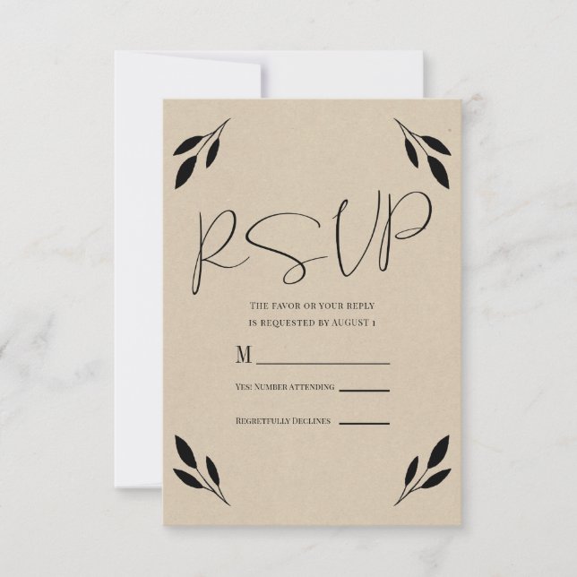 Black Leaf Botanical Rustic Modern Kraft Wedding RSVP Card (Front)