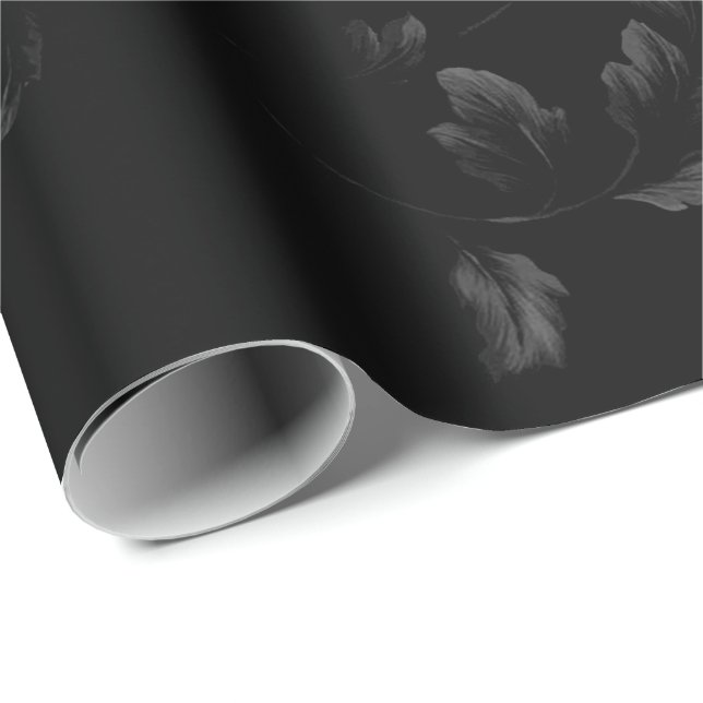 Black Leaf Floral Vine Pattern On Black Wrapping Paper (Roll Corner)