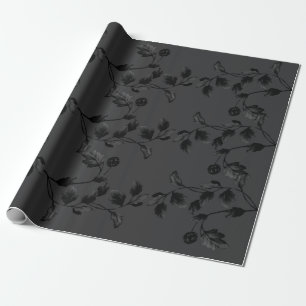 Black Leaf Floral Vine Pattern On Charcoal Grey Wrapping Paper