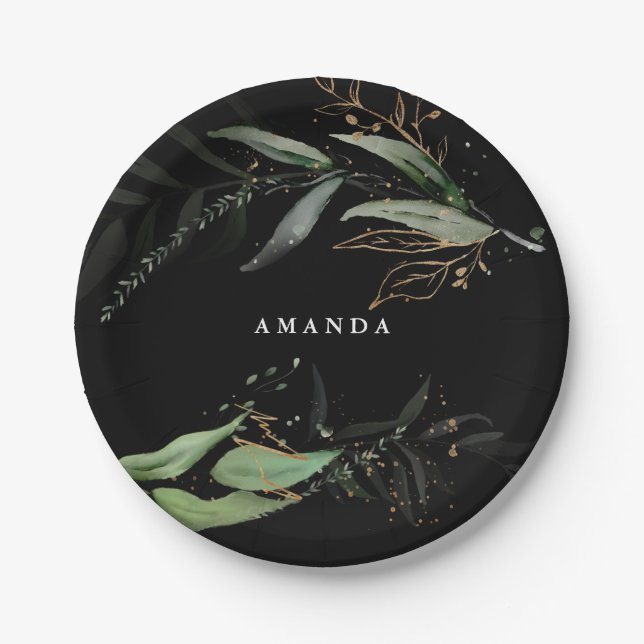 Black Leafy Botanical Eucalyptus Modern Branch Paper Plate (Front)
