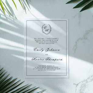 Black Leafy Crest Monogram Wedding Acrylic Invitations