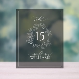 Black Leafy Crest Monogram Wedding Table Number Acrylic Sign