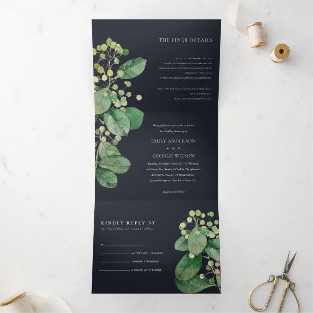 BLACK LEAFY FOLIAGE GREENERY WATERCOLOR WEDDING Tri-Fold INVITATION (Inside)