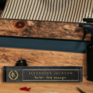 Black Leather and Gold Logo Barber Shop Manger Nameplate