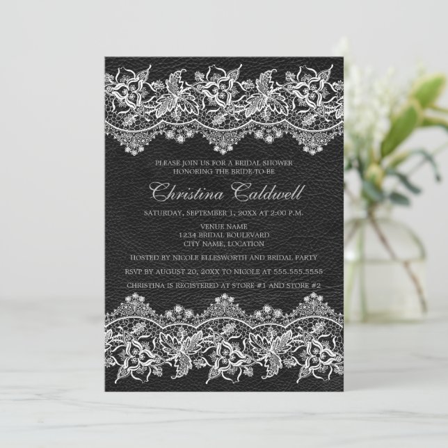 Black Leather and Lace Look Bridal Shower Invitation (Standing Front)
