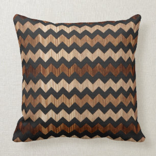 Black Leather and Wood Zig Zag Pattern Cushion