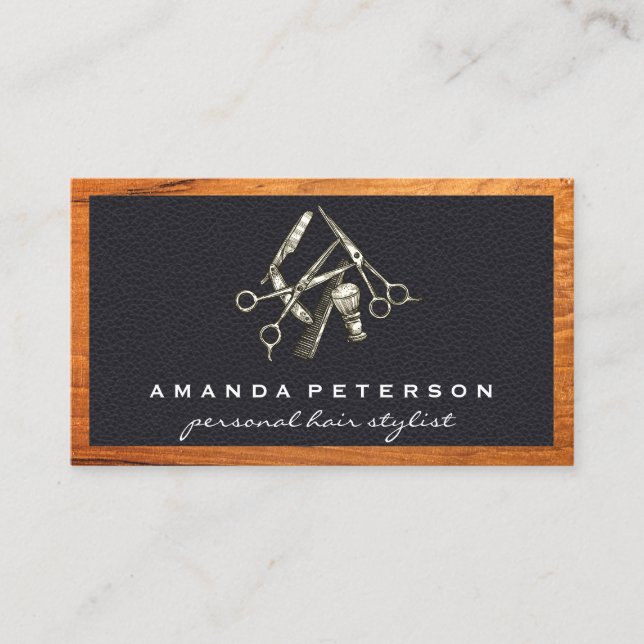 Black Leather | Barber Shop | Wood Frame Business Card (Front)
