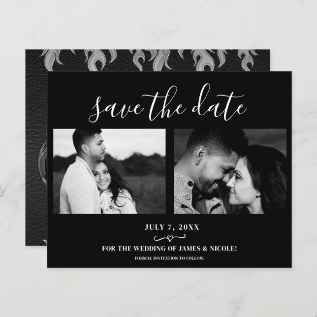 Black Leather Bike Wedding 2 Photo Save the Date (Front/Back)