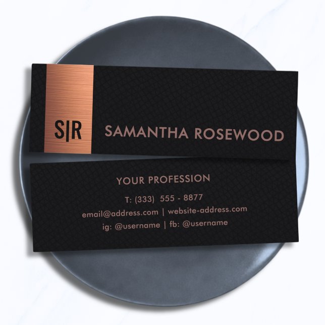 Black Leather & Brushed Copper Bar Monogram  Mini Business Card (Creator Uploaded)
