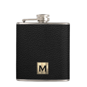 Black Leather Brushed Gold Monogram Hip Flask