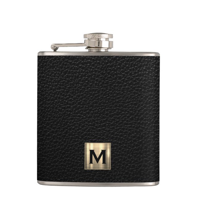 Black Leather Brushed Gold Monogram Hip Flask (Front)