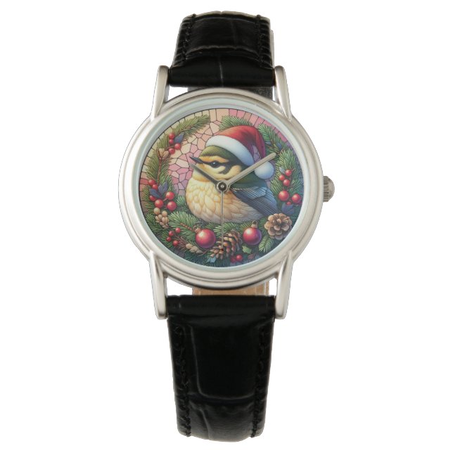 Black Leather Christmas Stained Glass Bird   Watch (Front)