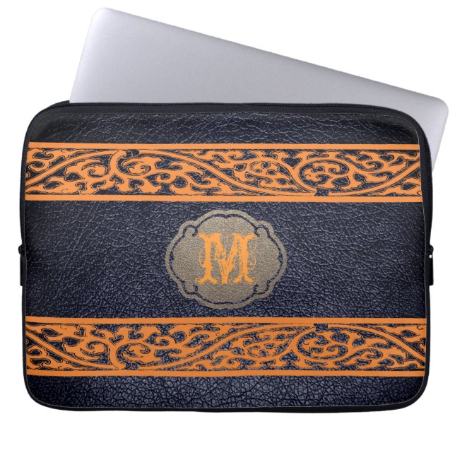 Black Leather. Custom Monogram Laptop Sleeve (Front)