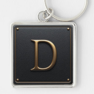 🔑 Black Leather Gold D Initial Frame Emblem 🟡 Key Ring