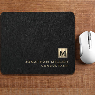 Black Leather Gold Monogram Mouse Pad