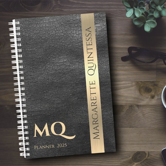 Black Leather Gold Monogrammed Initials Name 2024 Planner (Creator Uploaded)