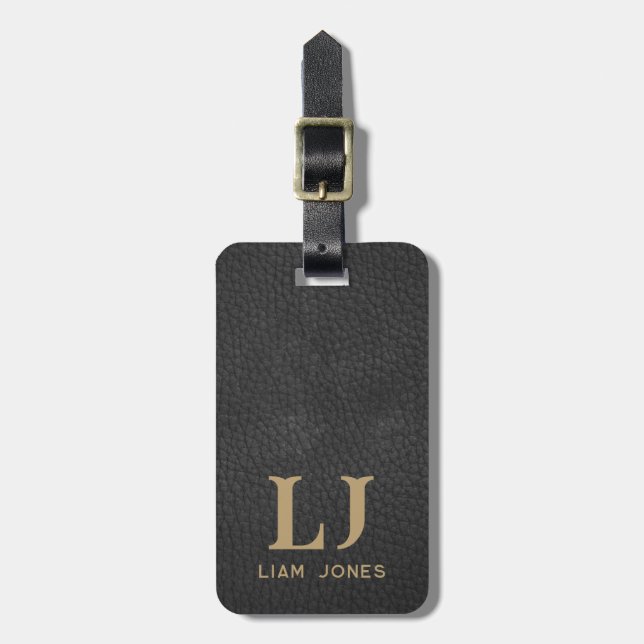Black Leather Initials Monogram Modern Vintage Luggage Tag (Front Vertical)