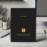 Black Leather Look Gold Business logo and name Planner<br><div class="desc">Stay organised and elevate your professional image with our Custom Spiral Planner, featuring a refined Black leather-look design that combines sophistication with functionality. A customisable square space on the cover allows you to prominently display your business logo over a gold texture while two additional lines of editable text offer room...</div>