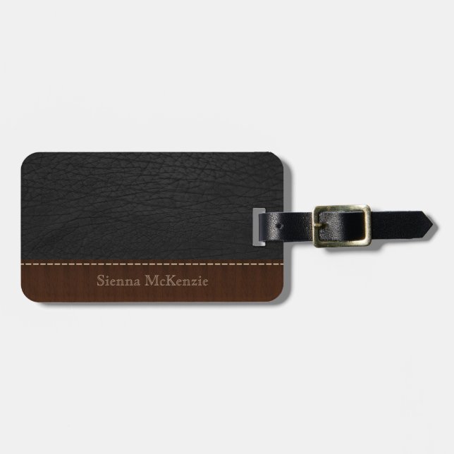 Black Leather Look Luggage Tag (Front Horizontal)