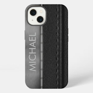 Black Leather Look Metal Band Monogram   iPhone 13 Case