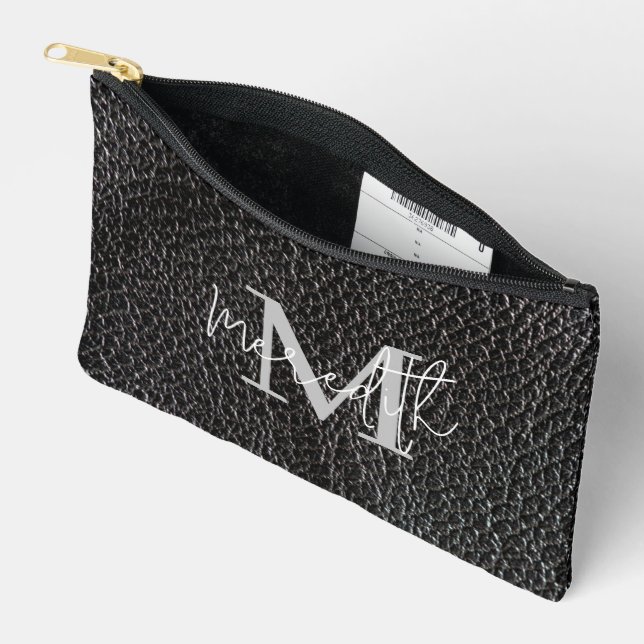 Black leather look personalised accessory pouch (Open)
