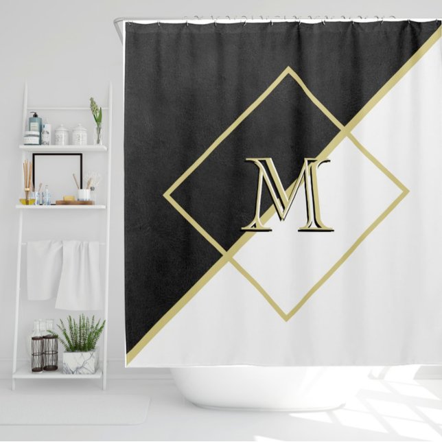 Black Leather Look White Gold 3 Colour Monogram Shower Curtain (Creator Uploaded)
