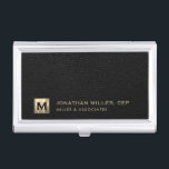 Black Leather Luxury Gold Initial Logo Business Card Holder<br><div class="desc">Simple modern luxury design with brushed metallic gold initial logo medallion with personalised name,  title,  company name or custom text below on a black leather textured background. Personalise for your custom use.</div>