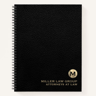 Black Leather Luxury Gold Initial Logo Spiral Notebook