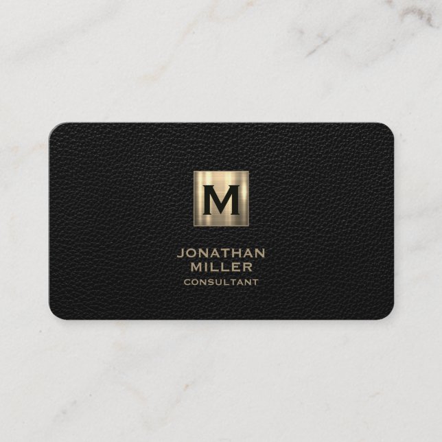 Black Leather Luxury Gold Monogram Business Card (Front)