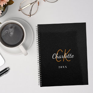 Black leather monogram initials name 2025 planner