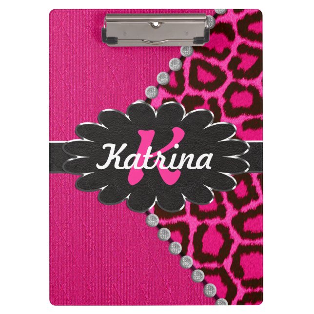 Black Leather Monogram on Pink Cheetah Clipboard (Front)