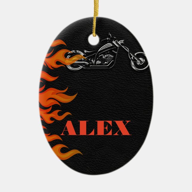 Black Leather & Orange Flames Biker Motorcycle Ceramic Ornament (Front)