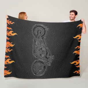 Black Leather Orange Flames Hot Fire Motorcycle Fleece Blanket