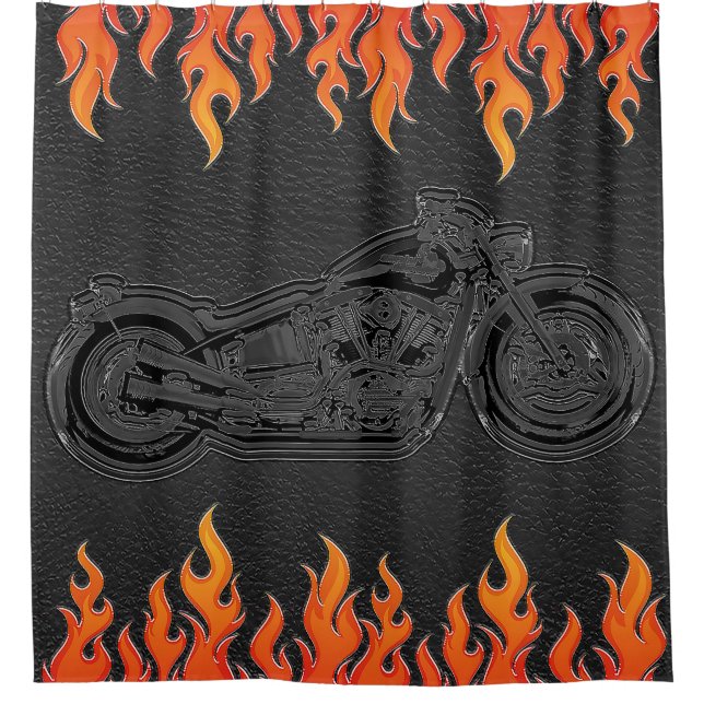 Black Leather Orange Flames Hot Fire Motorcycle Shower Curtain (Front)