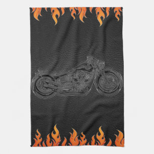 Black Leather Orange Flames Hot Fire Motorcycle Tea Towel