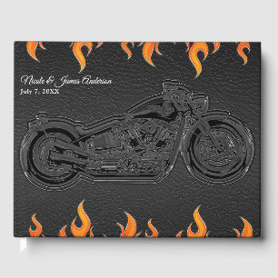 Black Leather & Orange Flames Motorcycle Wedding Guest Book